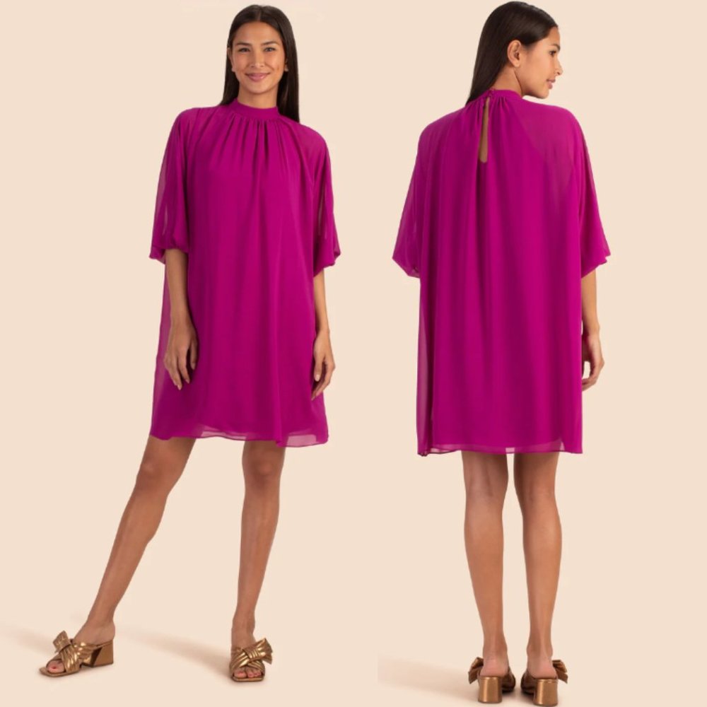 Trina Turk Sz SMALL Women Rhyme Shift Dress Chiffon Cape Lined Fuchsia $378 NEW